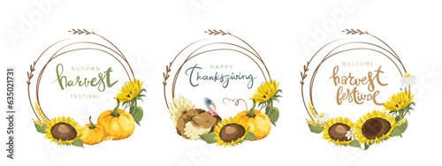 Frames for Thanksgiving Day or autumn festival. Set of vector design elements, frames with pumpkins, sunflowers and turkey. Handwritten calligraphy title.