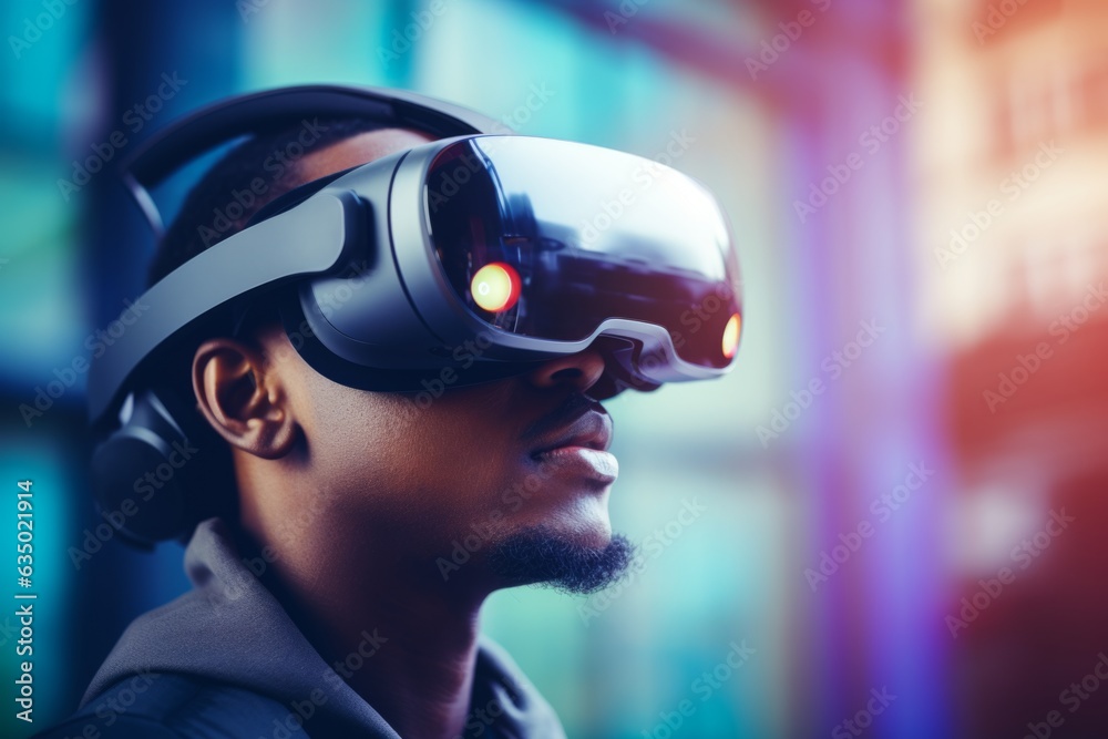 African American man guy user computer technology addict male wearing VR headset virtual reality goggles exploration metaverse modern advanced tech future progress cyber game experience outdoors city African American man guy user computer technology addict male wearing VR headset virtual reality goggles exploration metaverse modern advanced tech future progress cyber game experience outdoors city