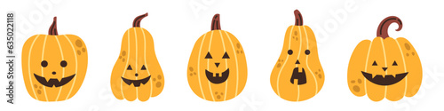 Vector halloween pumpkin set. Collection of happy halloween pumpkins in flat design. Scary and spooky faces. Jack o lantern. Funny smiling pumpkins set for halloween.