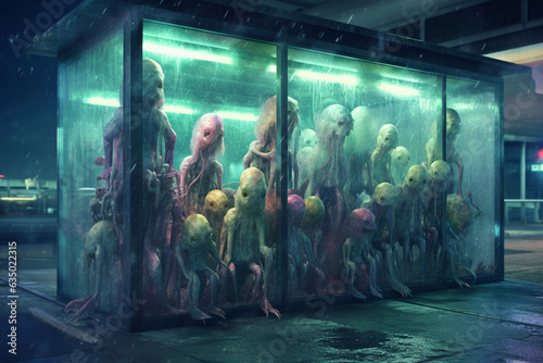 Colorful cute alien monsters waiting for the bus at night. Jammed at the bus stop, generated by AI