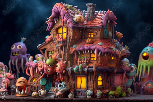 Fantasy fairytale alien monster village. Colorful monster alien houses, fantasy amazing design. generative AI illustration 