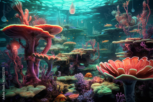 Drawing of the underwater world with fish and corals. Beautiful pencil illustration made by AI