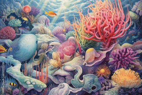 Drawing of the underwater world with fish and corals. Beautiful pencil illustration made by AI
