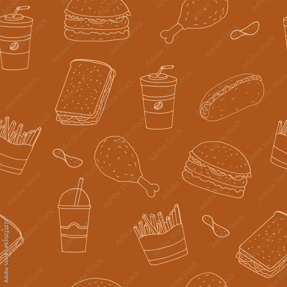 fast food seamless pattern hand drawn in doodle style. fast food seamless pattern hand drawn in doodle style.