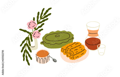 Served food and drink. Corn cob and tea, flower vase composition. Sweet maize...