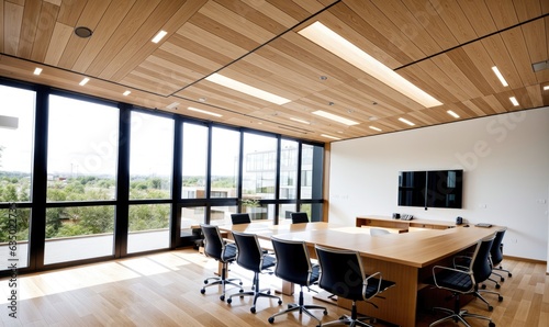 Modern Conference Room with Wooden Ceiling and Large Windows