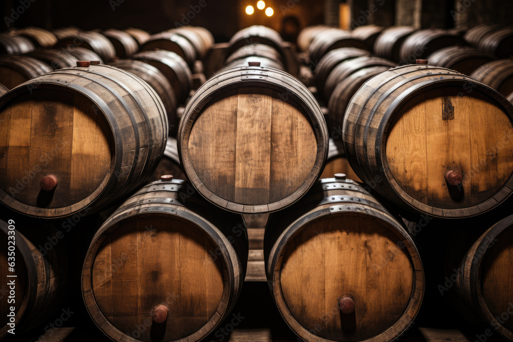 Stacked Wine barrels underground . 