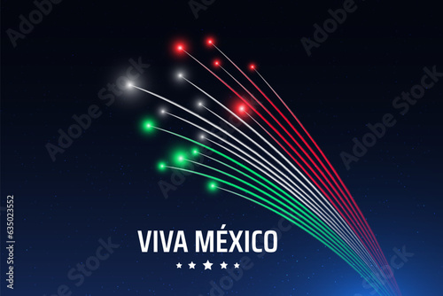 Banner september 16 mexico independence day, mexican fireworks on dark sky background. Fireworks, flag. National holiday september 16th. Independence day card. Vector. Translation Long live Mexico