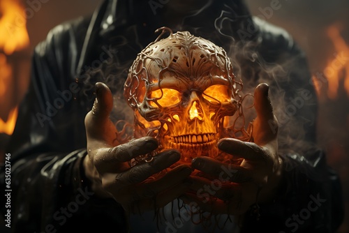 Dark person in hood holding scary glowing skull