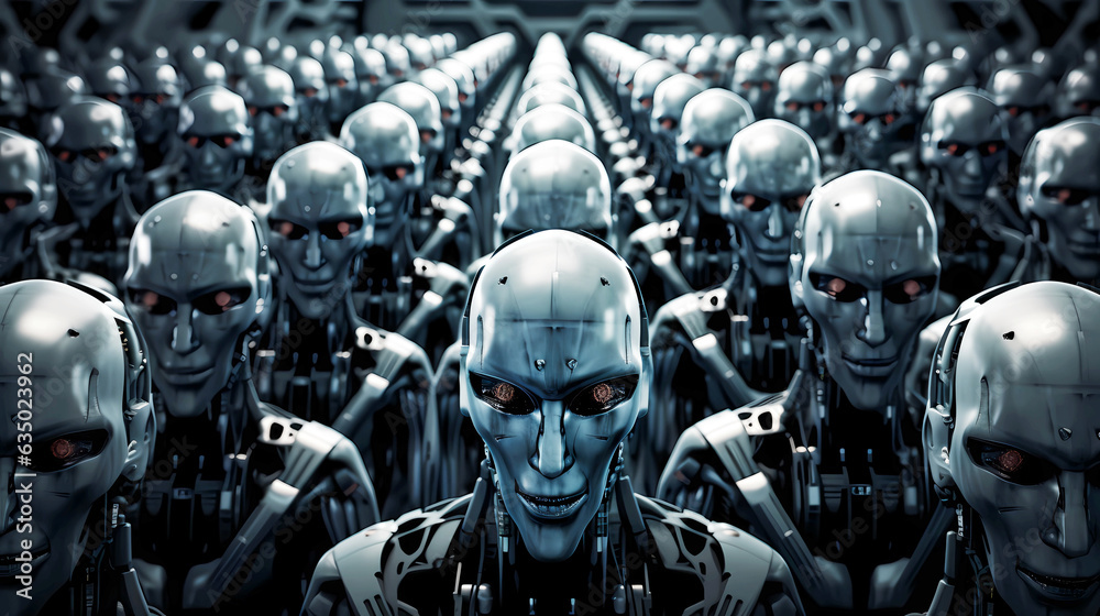Army of advanced robots standing in formation, Artificial intelligence robot standing in formation humanoi robot Army of advanced robots standing in formation, Artificial intelligence robot standing in formation humanoi robot