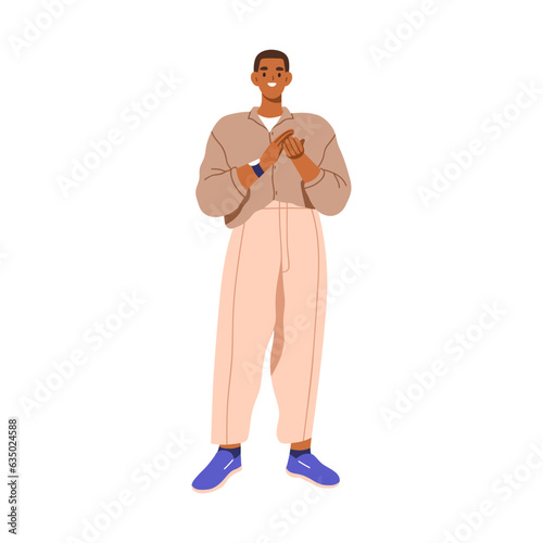 Happy man applauding with appreciation, admiration. Smiling person clapping hands, approval, supporting gesture. Applause, congratulation. Flat vector illustration isolated on white background