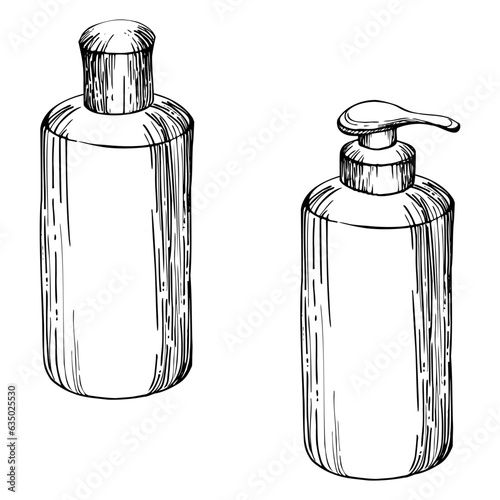 Hand drawn vector ink spa skincare bath beauty bottle and dispencer products package. Isolated object on white background. Design for wall art, wellness resort, print, fabric, cover, card, booklet.