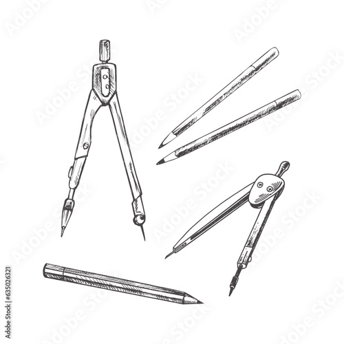 Vector hand-drawn school and office tools Illustration set. Detailed retro style Architect's compasses and pencils sketch. Vintage sketch element. Back to School.