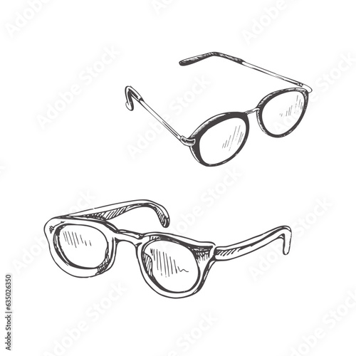 Vector hand-drawn school and office supplies Illustration set. Detailed retro style glasses sketch. Vintage sketch element. Back to School. School essential illustration.