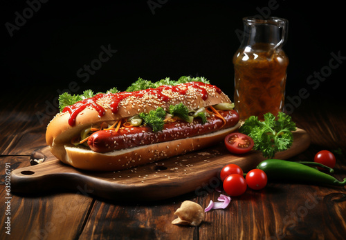 Hot dog with sausage, ketchup, mustard, and vegetables, and beer in a glass. Fast food. Spices, vegetables and herbs. On a dark background.