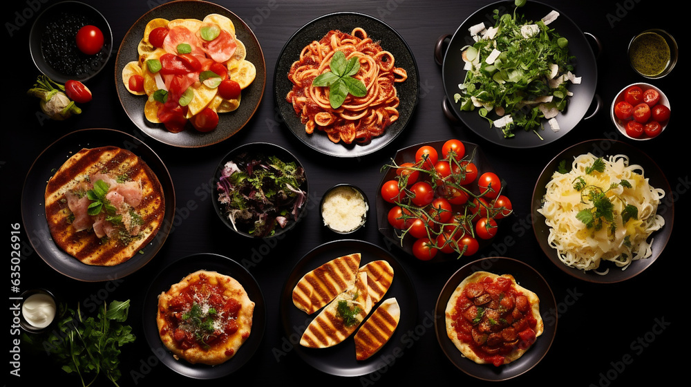Set of food on the table. Italian cuisine. Top view. On a dark background.