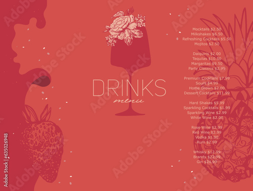 Drinks menu design template. Strawberry, pineapple, rose, wine glass. Simple pencil drawing. Red color. Vector illustrations. Layout for restaurant, bar. List, booklet, flyer, brochure, banner, label.