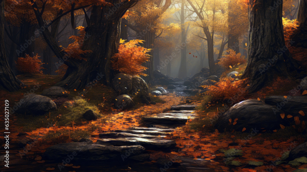 Fototapeta premium steps through the autumn forest in the morning