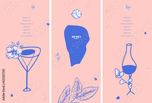 Drinks menu. Cocktail. Wine. Mint leaves, ice cube. Pink color. List, banner, booklet, flyer, brochure, price, poster. Vector illustration for restaurant and bar application.