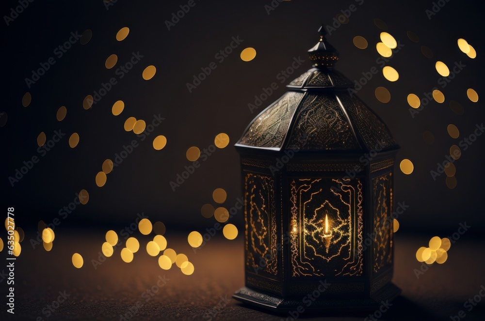Islamic golden lantern on dark background, AI generated
