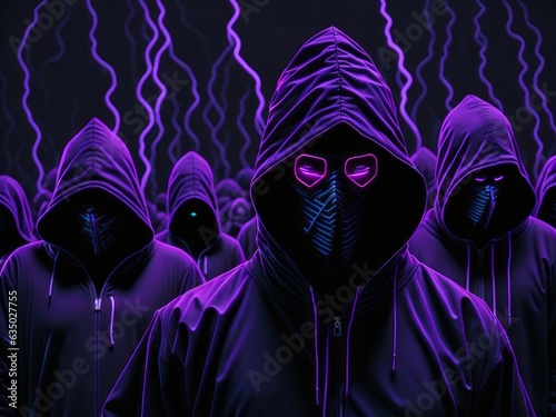 Hackers in black neon hoods, AI generated