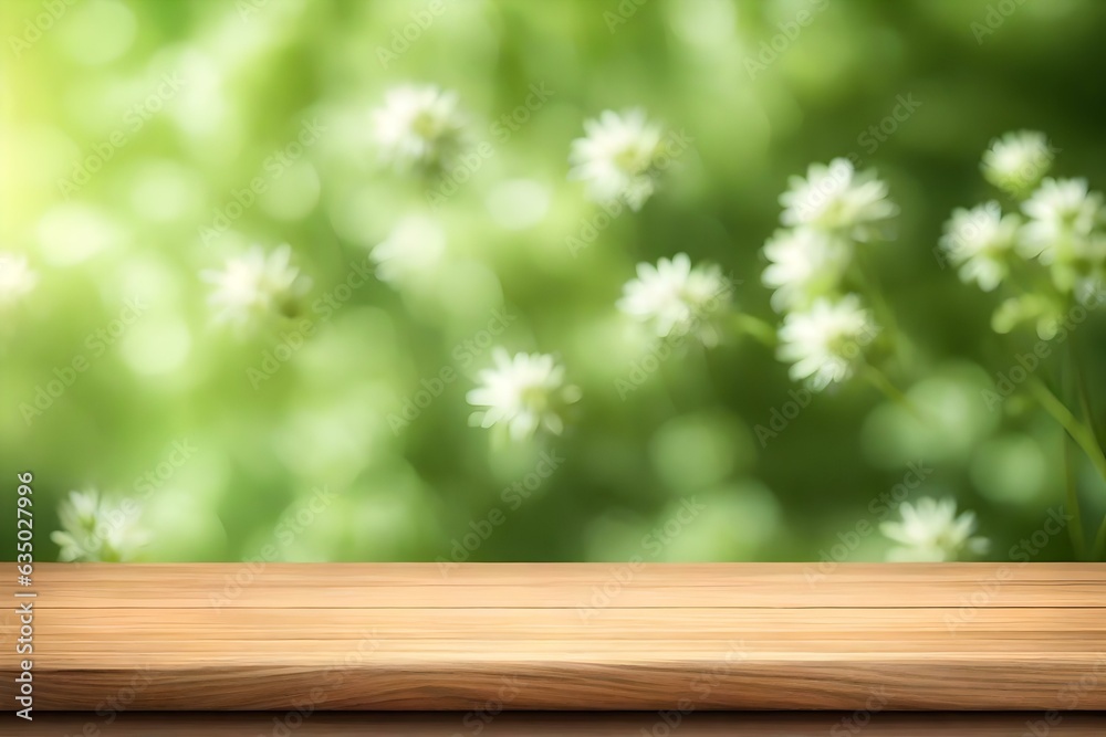 Wooden table top with blur green nature background. Generative AI