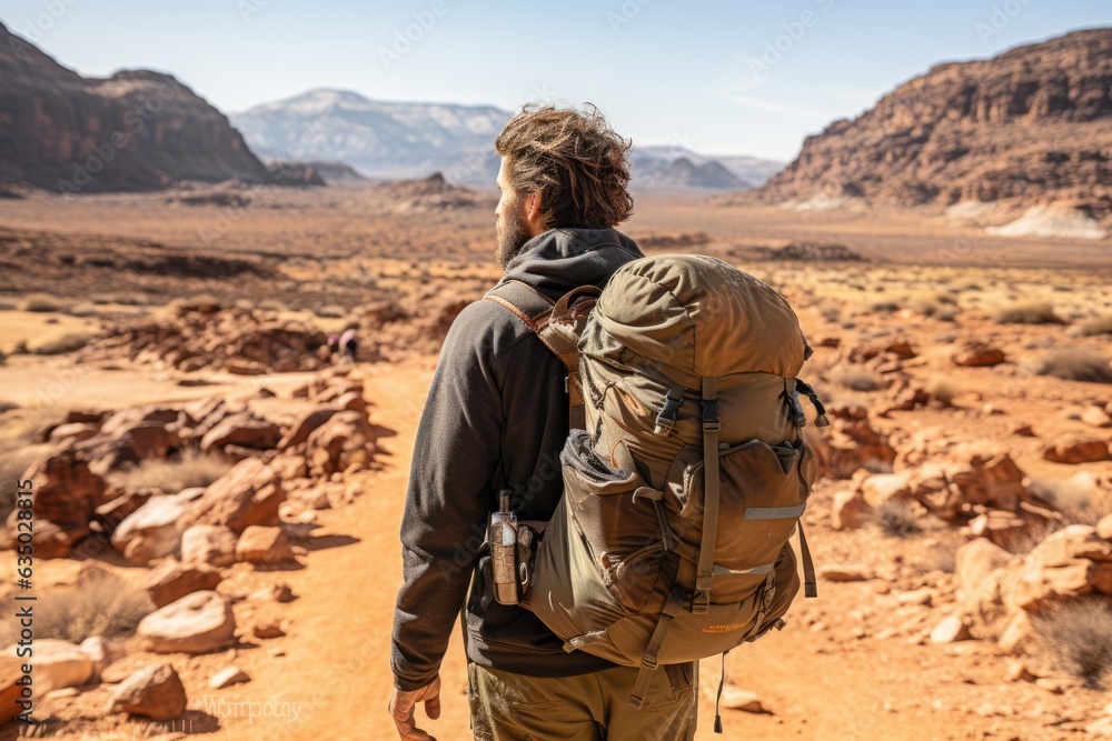 Adventurer exploring a remote desert landscape - stock photography concepts Adventurer exploring a remote desert landscape - stock photography concepts