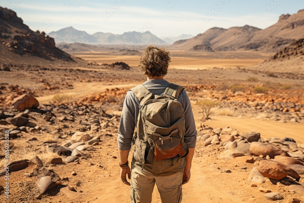 Adventurer exploring a remote desert landscape - stock photography concepts