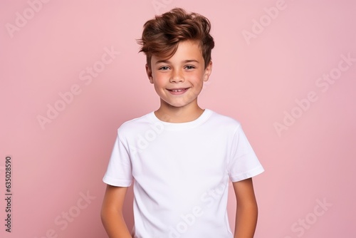 Young boy wearing white blank t-shirt on pink background, t-shirt template, mockup, studio shot, child wearing shirt
