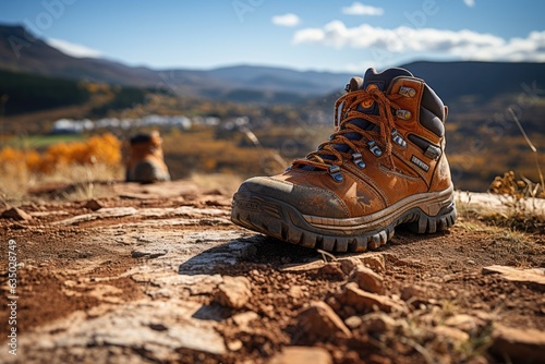 Close-up of a hiking boot on a rugged trail - stock photography concepts