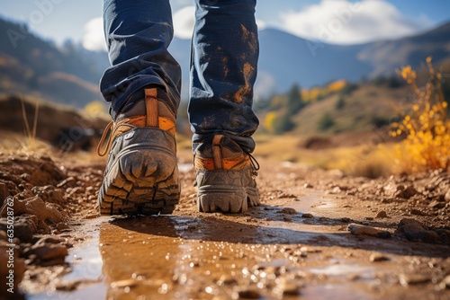 Close-up of a hiking boot on a rugged trail - stock photography concepts