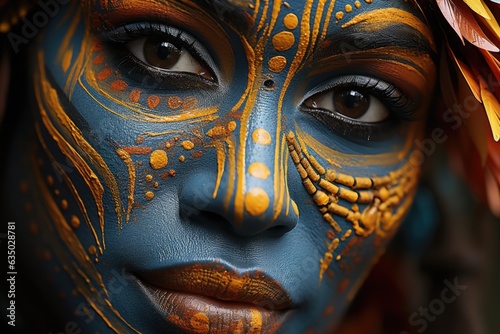 Close-up of a persons face adorned with vibrant tribal - stock photography concepts