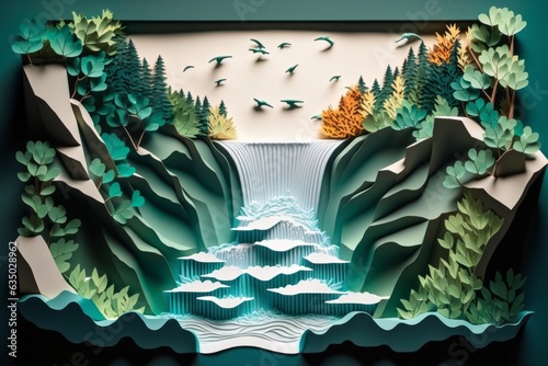a waterfall in a mountainous area. paper art style. Japanese origami. cardboard landscape. realistic papercut.