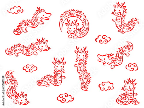 Obraz na plátně 赤い筆描き調の龍のキャラクターと雲の線画イラストセット