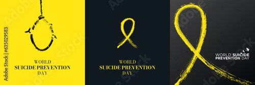 Set of World Suicide Prevention Day Artworks. Minimal and brush concept. Painted yellow awareness ribbon. Editable Vector Illustration. EPS 10.
