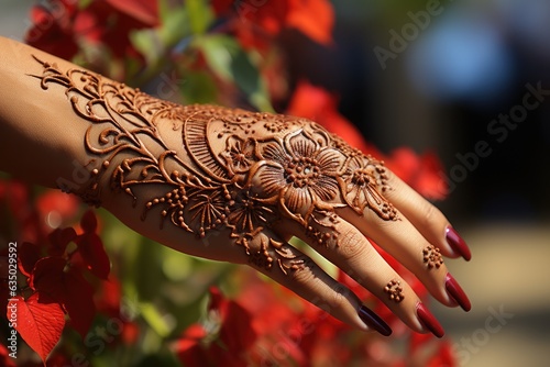 Close-up of intricate henna designs on a persons hand - stock photography concepts