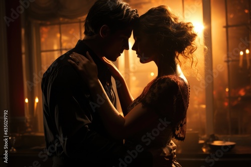 Couple dancing romantically in a dimly lit room - stock photography concepts