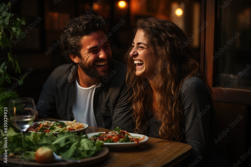 Couple laughing together while sharing a meal - stock photography concepts