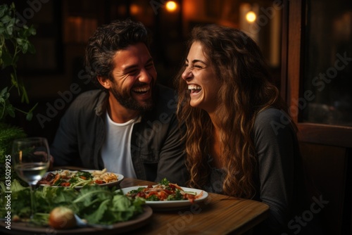 Couple laughing together while sharing a meal - stock photography concepts