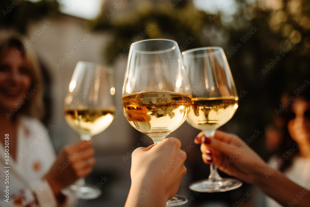 Three glasses of wine with ice in hands, toasting at garden party