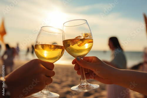 Two glasses of wine with ice in hands, toasting on beach, beach party vibe