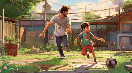 Father and son playing football in a backyard . Fantasy concept , Illustration painting.