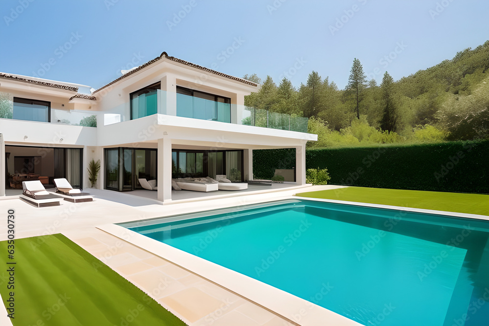 Luxury villa with big swimming pool interior outdoor. Outside view