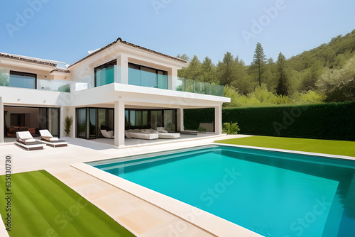 Luxury villa with big swimming pool interior outdoor. Outside view © indofootage