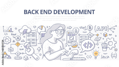 Back-end development doodle concept. Woman developer coding and surrounded by an array of essential elements; servers, databases, API interfaces, seamless data flow, integrations, and error handling
