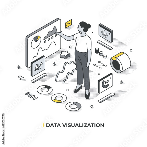 Data visualization vector isometric concept. Woman presenting some data represented in understandable format in charts, graphs, infographics
