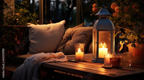 cozy outdoor living corner in the garden outside the house. Autumn evening on the patio or terrace of suburban house