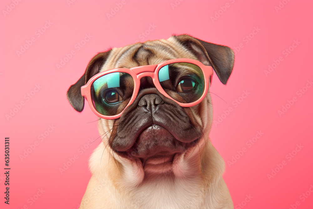 Pug dog with sunglasses on pastel background