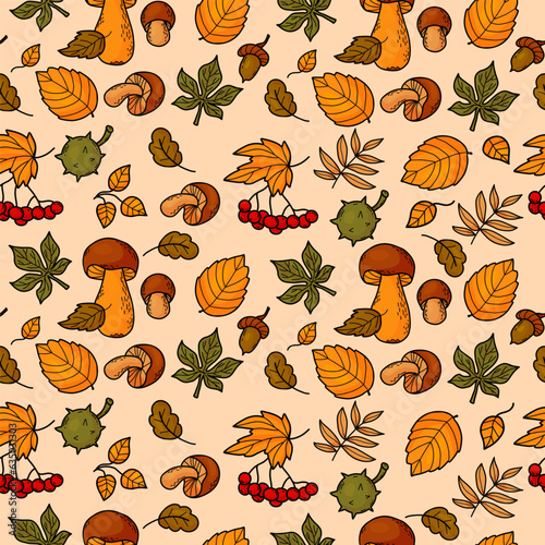 Seamless autumn pattern. Forest mushrooms, berries bunches rowan, acorns and chestnuts with colorful falling leaves on light background. Vector illustration. autumnal bright background.