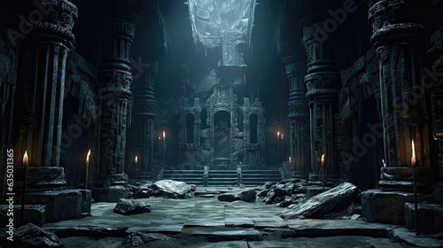 Fotografia underground temple, dark cavern columns with ruins etched into them